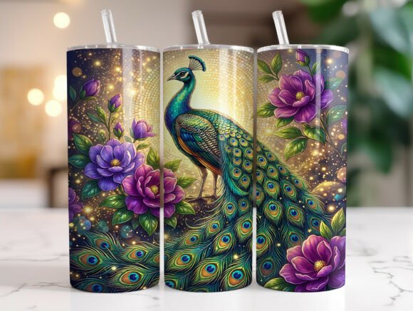 Elegant Peacock Floral Tumbler Wrap Design